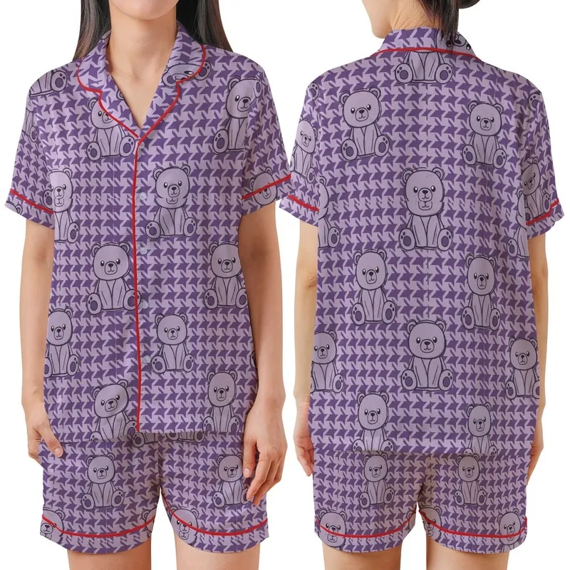 Whimsical Bear Fan: Lavender Geometric Houndstooth Violet Sitting Bear Design Satin Short-Sleeve Pajamas Set - hubmHF_z7V