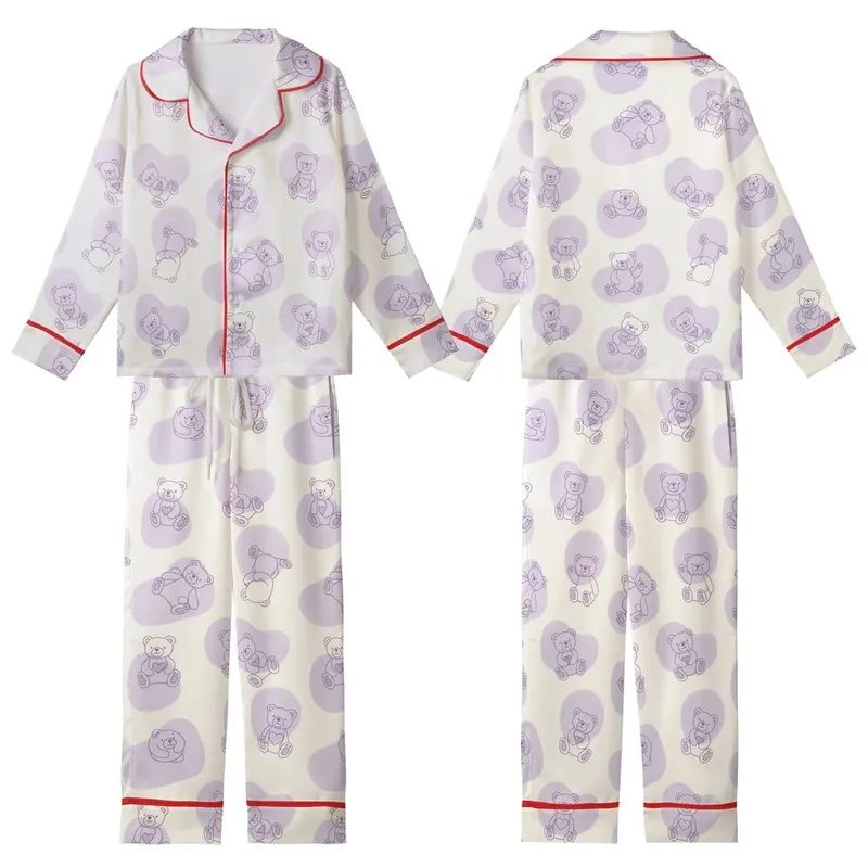 Dreamy Lavender Bears: Soft-Edged Amorphous Pastel Pattern with Outline Teddies - Creamy Off-White Comfort Piece Kid Satin Pajamas Set - TkkVgjdODY