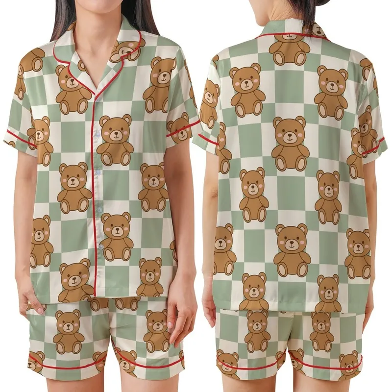 Cozy Comfort: Cute Cartoon Teddy Bears Light Sage Gingham Pattern Loungewear Satin Short-Sleeve Pajamas Set - fBPtkW6GR1