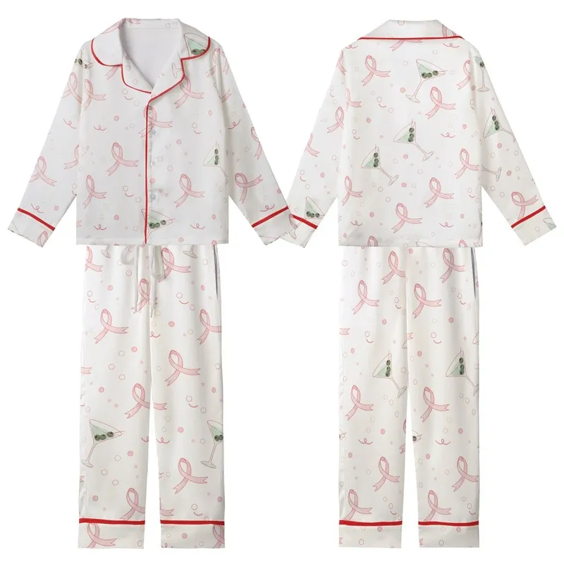 Celebration Ready: Whimsical Pink Ribbon, Mint Martini & Champagne Bubbles Design Kid Satin Pajamas Set - 1