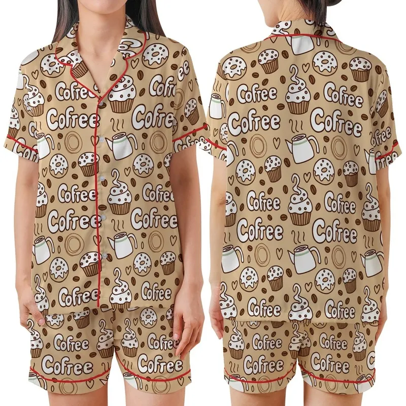 Coffee Lover's Whimsical Cafe & Sweet Treats Pattern Cozy Loungewear Satin Short-Sleeve Pajamas Set - 1
