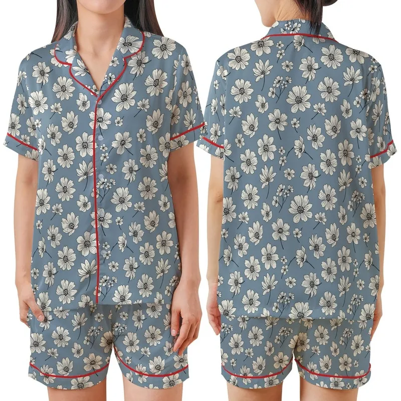 Nature-Inspired Delicate White Floral Pattern on Muted Blue-Grey Wearable Satin Short-Sleeve Pajamas Set - 1