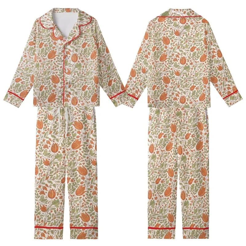 Hand-Drawn Vintage Botanical Foliage Blooms: Rusty Orange Sage Green Tulip Design Kid Satin Pajamas Set - 1