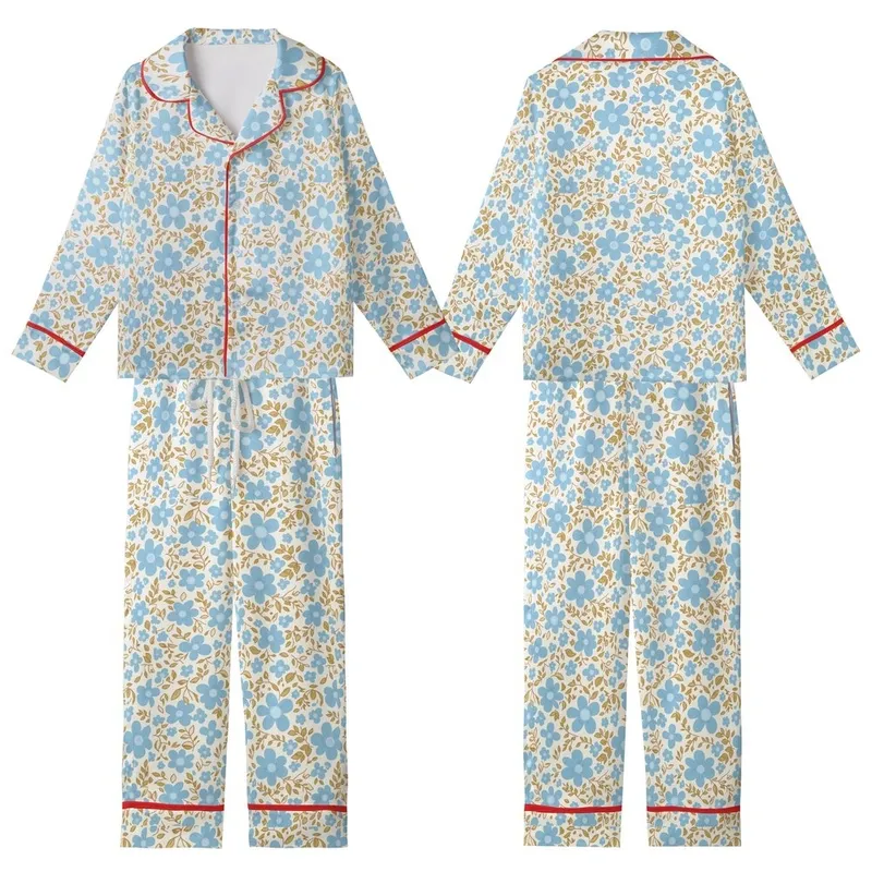 Retro Sky Blue Floral Bloom: 70s Hand-Drawn Olive Leaf & Earthy Stem Garment Kid Satin Pajamas Set - 1