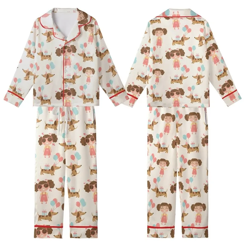 Dachshund Lover's Winking Cartoon Girl & Party Dogs Customizable Item Kid Satin Pajamas Set - 1