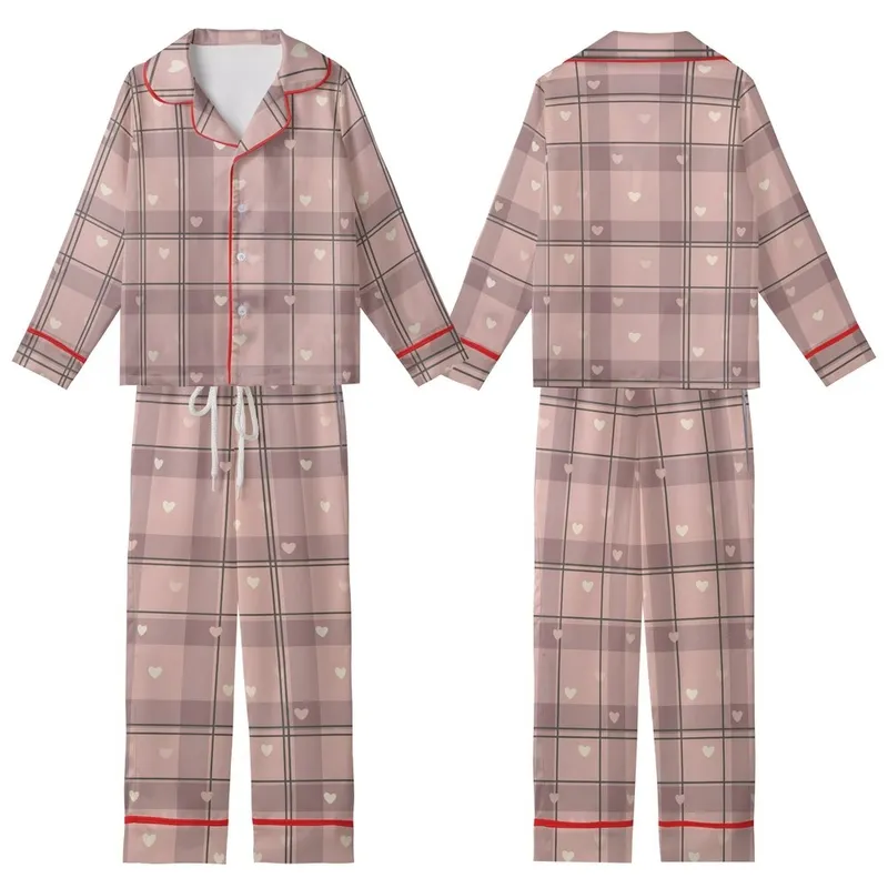 Romantic Rose Plaid: Soft Muted Pink Plaid Pattern with Subtle Cream Hearts - All-Over Print Design Kid Satin Pajamas Set - 1