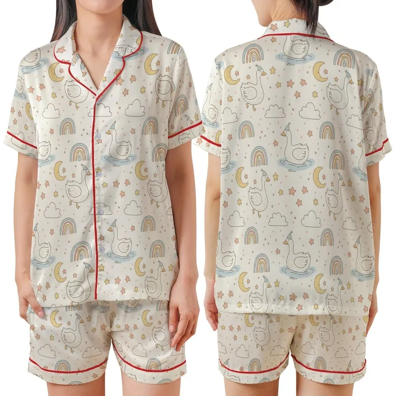 Whimsical Dreamer's Goose & Moon Cloud Play Pattern - Cozy Textile Item Satin Short-Sleeve Pajamas Set - 1