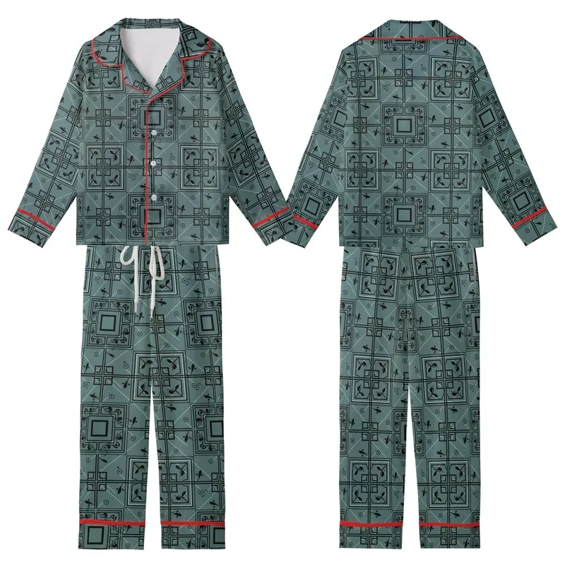 Muted Teal Geometric Fretwork: Abstract Botanical Pattern with Linear Leaves & Diamond Motif Kid Satin Pajamas Set - 9eZL_RR1rx