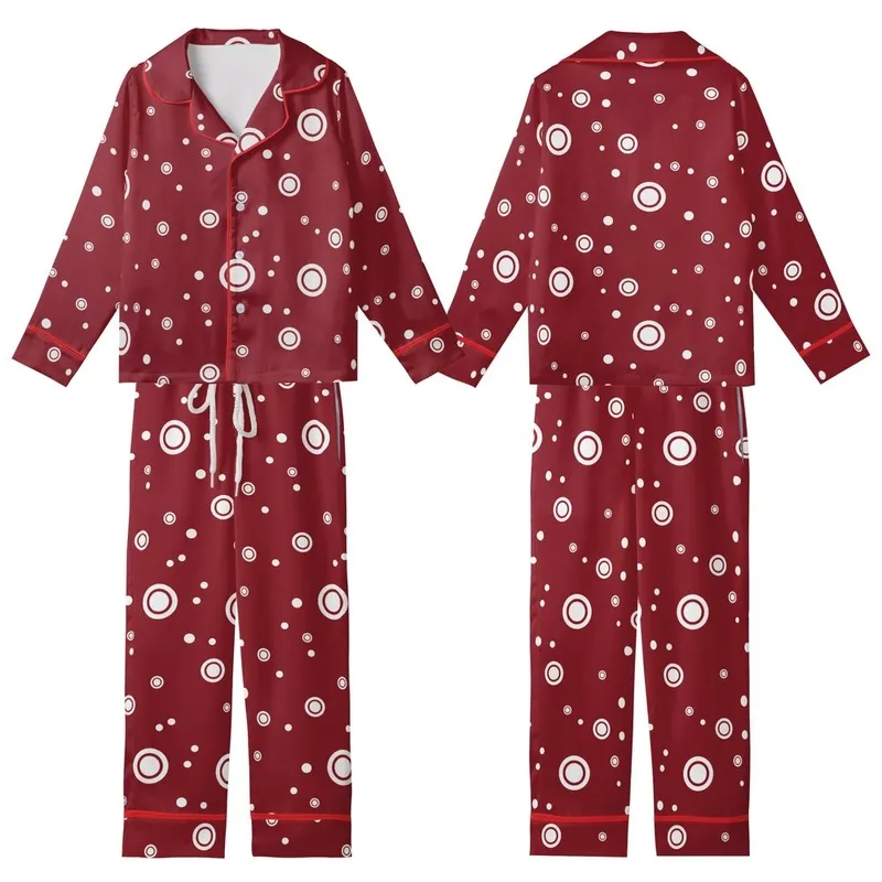 Modern Style: Deep Cranberry Red Organically Scattered Varying-Size White Circles Sweater Kid Satin Pajamas Set - 1