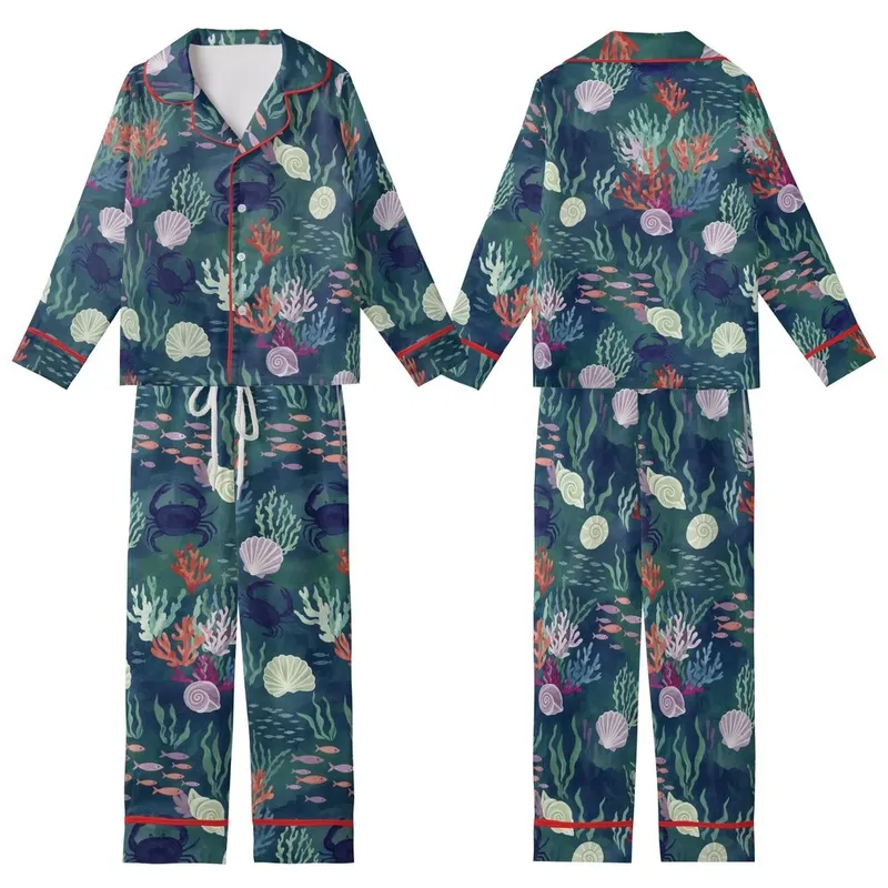 Ocean Explorer's Vibrant Underwater Marine Scene with Stylized Shells & Fish Wearable Art Kid Satin Pajamas Set - 1