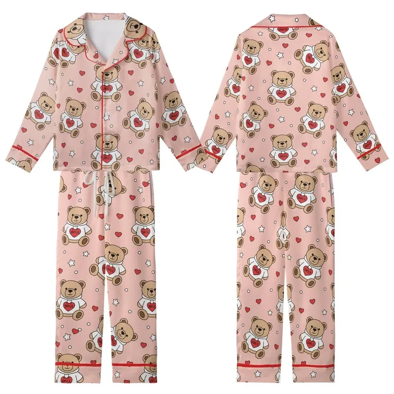 Sweetheart's Blush Pink: Cute Teddy Bear Hoodie SMILE Design Comfortwear Kid Satin Pajamas Set - 00WIjllUP4