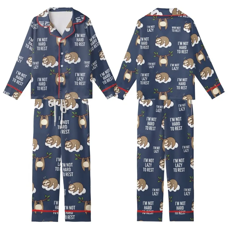 Sloth Lover's Cute Flat Navy Sloth Pattern with 'Work Hard To Rest' Message Loungewear Kid Satin Pajamas Set - 1