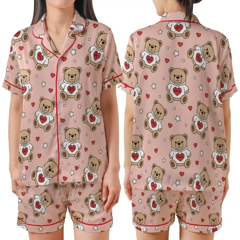 Sweetheart's Blush Pink: Cute Teddy Bear Hoodie SMILE Design Comfortwear Satin Short-Sleeve Pajamas Set - 6koBea0kxv