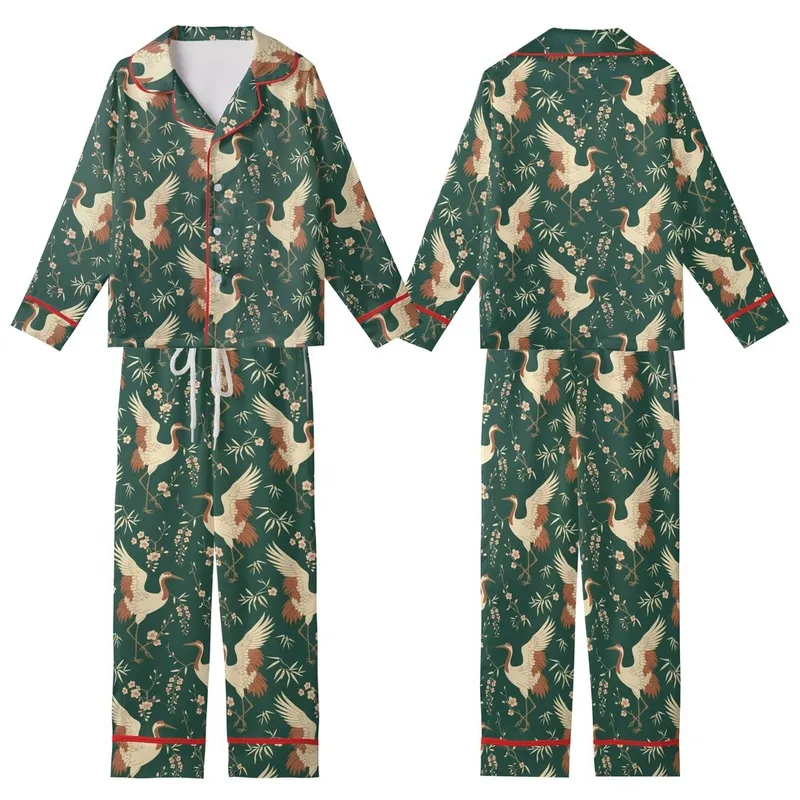 Elegant East Asian Inspired: Cream Ink Wash Cranes Peach Beige Wisteria - Wearable Art Kid Satin Pajamas Set - 1
