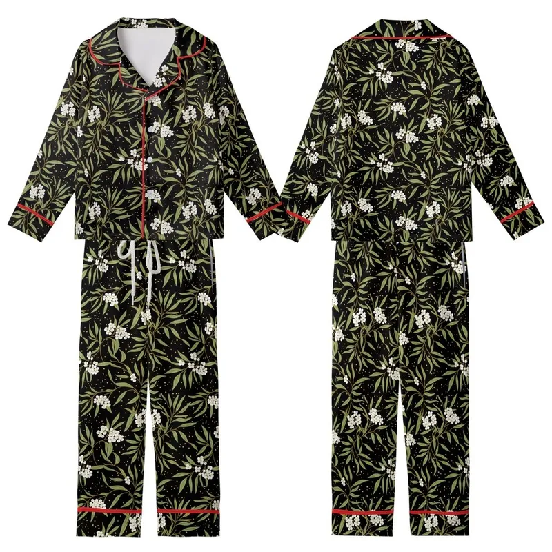 Nature Lover's Elegant Motif: Intertwined Olive Leaves & White Blossoms on Deep Black Wearable Design Kid Satin Pajamas Set - SRUqlmTu3d