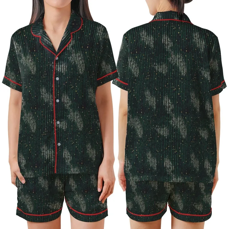 Modern Abstract: Dark Forest Green Charcoal Ribbed Knit Texture with Golden Brass Dots Print Design Satin Short-Sleeve Pajamas Set - 1