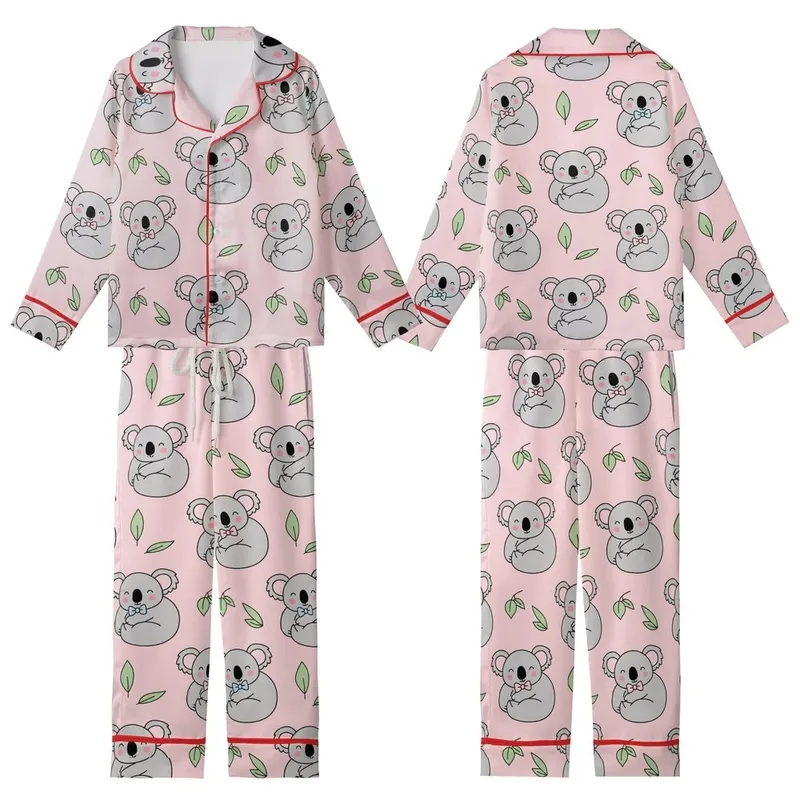 Koala Lover's Playful Grey Cartoony Koalas Pink & Blue Bowties Pastel Pink Eucalyptus Pattern Kid Satin Pajamas Set - 1