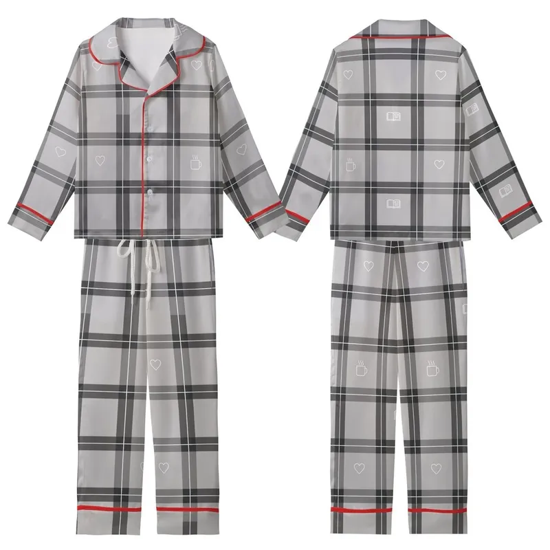 Cozy Everyday: Charcoal Tartan Plaid with Coffee Book Heart Icons - Muted Grey Style Kid Satin Pajamas Set - hckhAmc5D5