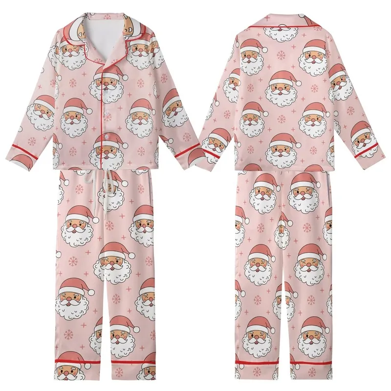 Cheerful Christmas: Whimsical Santa Faces, Pastel Pink Snowflakes - Cozy Festive Wear Kid Satin Pajamas Set - 1