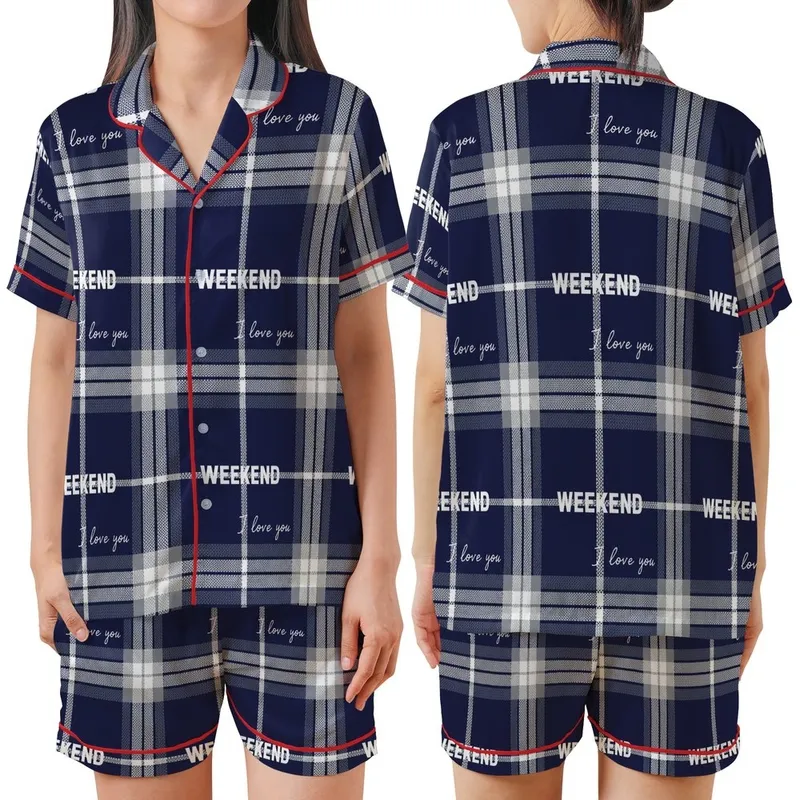 Weekend Lover's Navy Tartan Plaid 'I Love You' & 'WEEKEND' Fashion Piece Satin Short-Sleeve Pajamas Set - 1