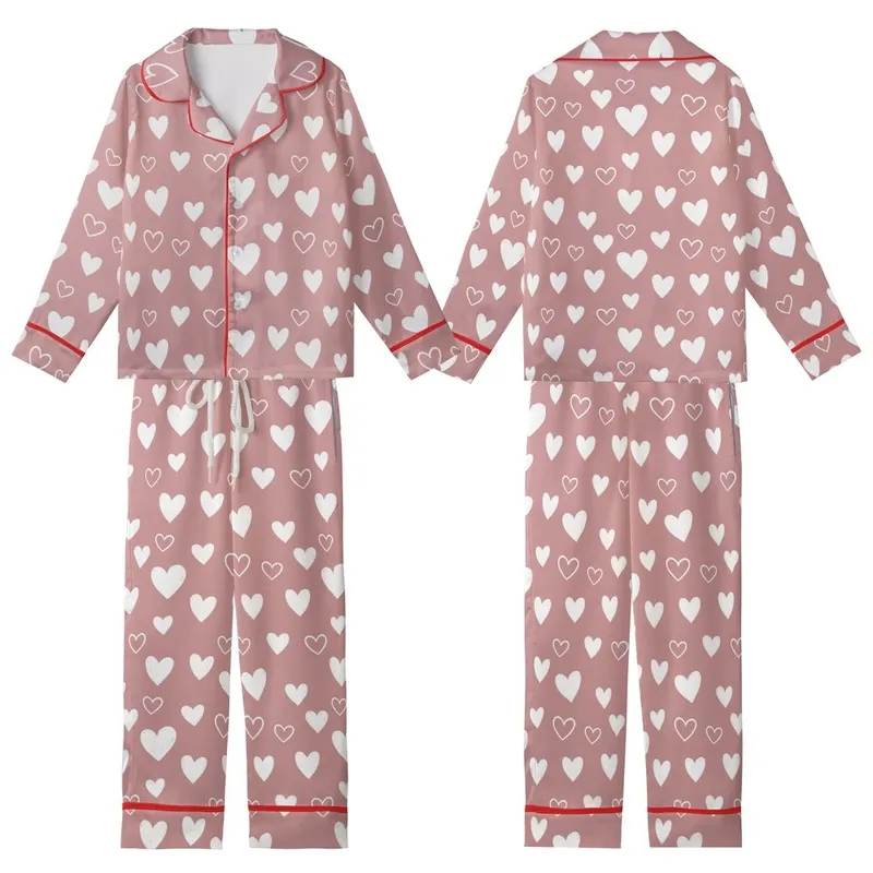 Whimsical Dreamer: Dusty Rose Scattered White Hearts Outline Design Satin Short-Sleeve Pajamas Set - 3eranR8-7K