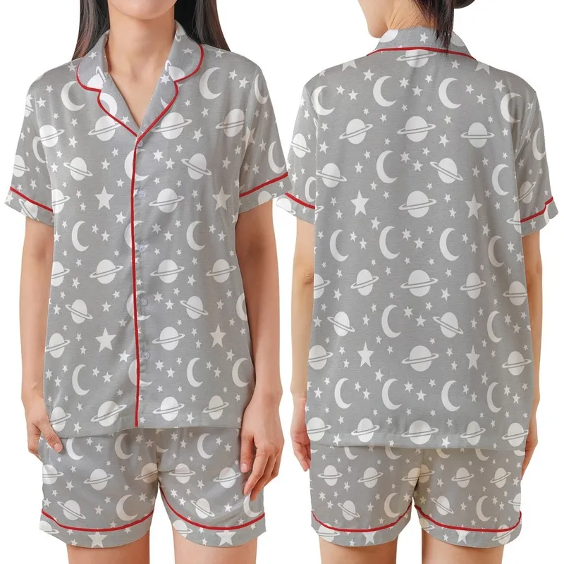 Dreamer's Minimalist Monochromatic White Stars Moons Planets Casual Wear, Heather Grey Satin Short-Sleeve Pajamas Set - H1zdO_Qitp