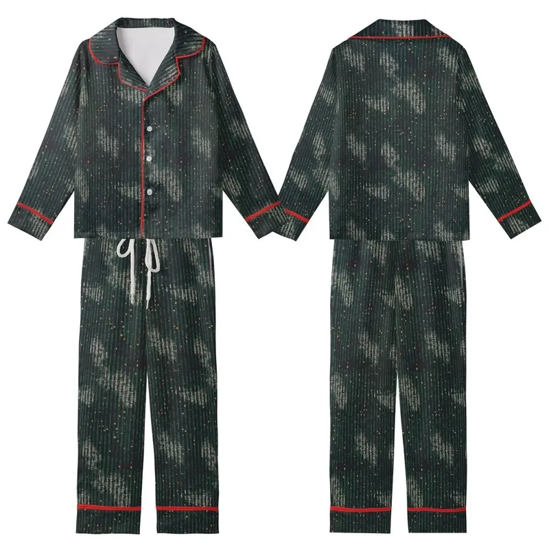 Modern Abstract: Dark Forest Green Charcoal Ribbed Knit Texture with Golden Brass Dots Print Design Kid Satin Pajamas Set - 1
