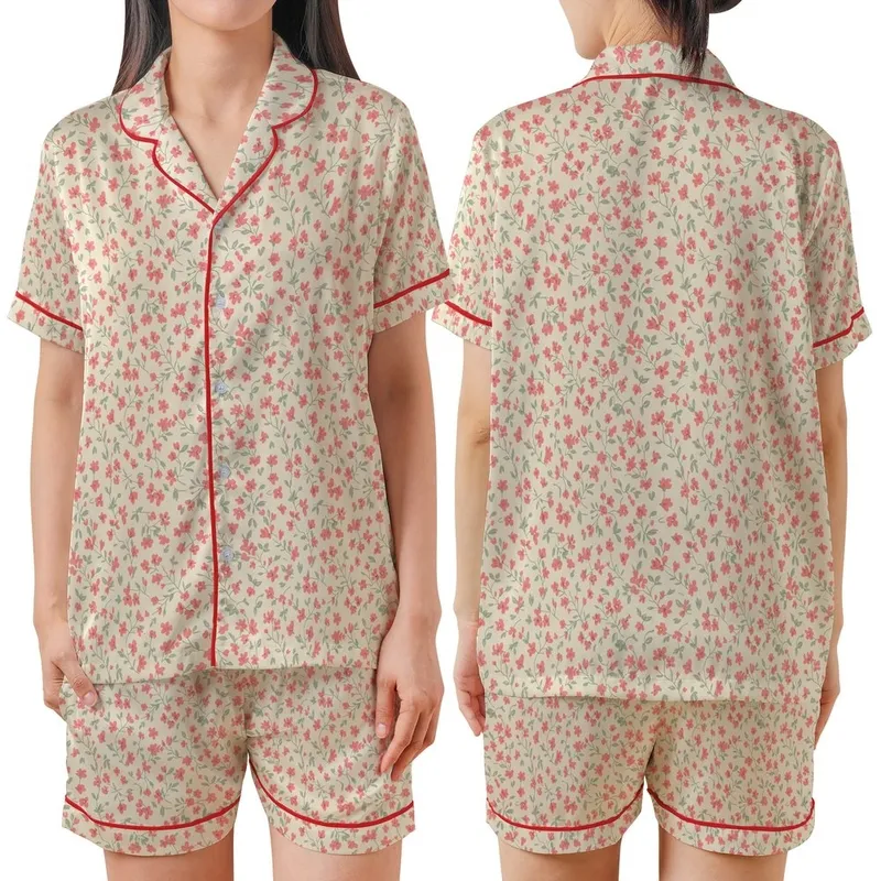 Women's Delicate Wildflower Loungewear - Ditsy Coral Rose Pink Sage Green Satin Short-Sleeve Pajamas Set - Lzzy13lRal