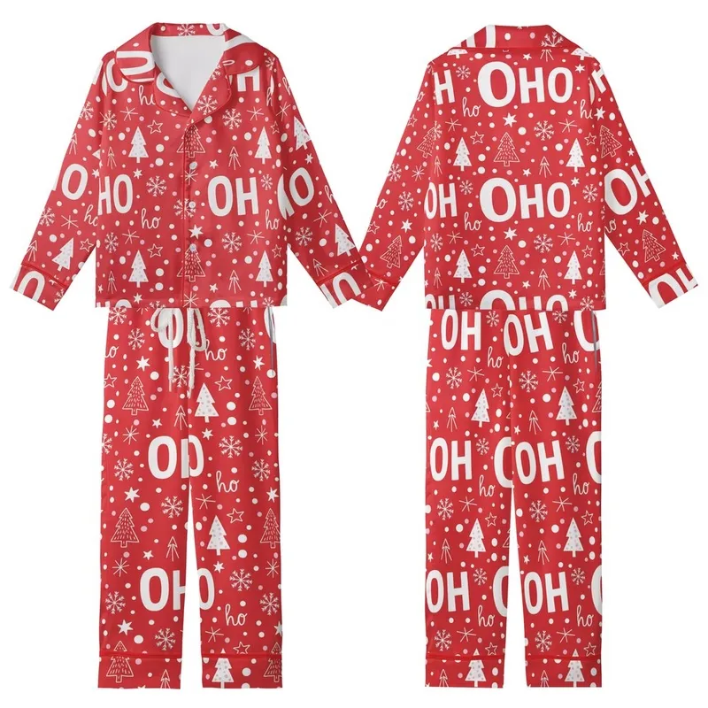 Christmas Reveler: OH HO ho Text, White Snowflakes, Trees, Stars on Bright Red Kid Satin Pajamas Set - nplAxS9QQ0