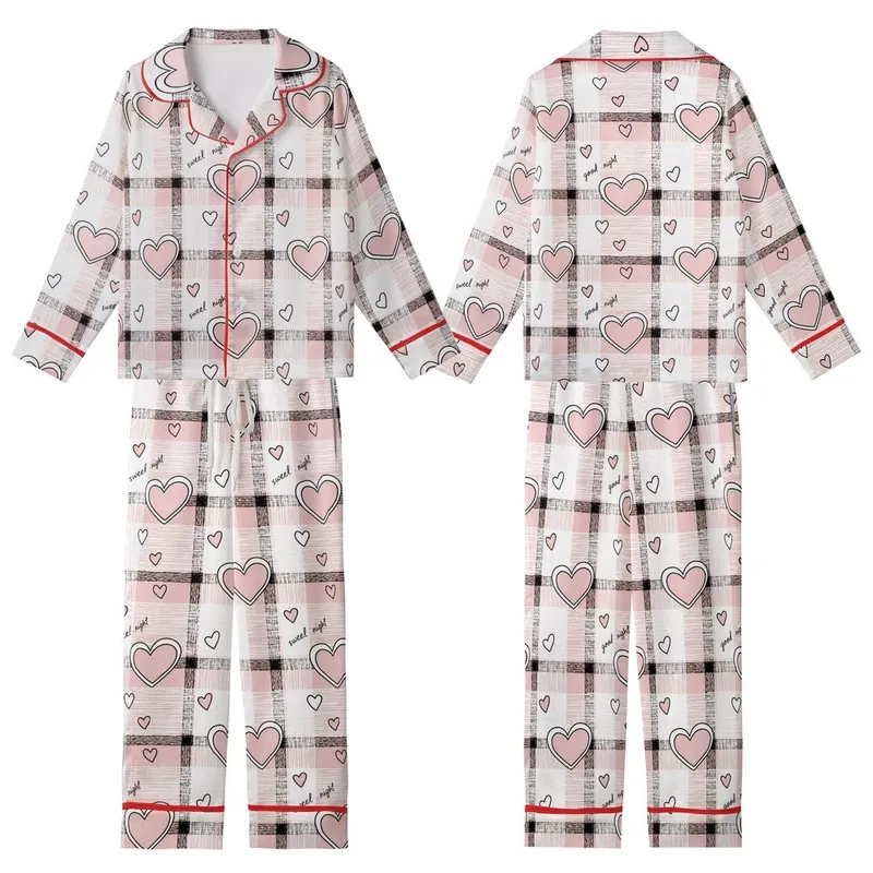 Gentle Plaid: Sweet Dreams Hearts & "Good Night" Text Design in Pink, Black, White, Charcoal Grey Kid Satin Pajamas Set - 1