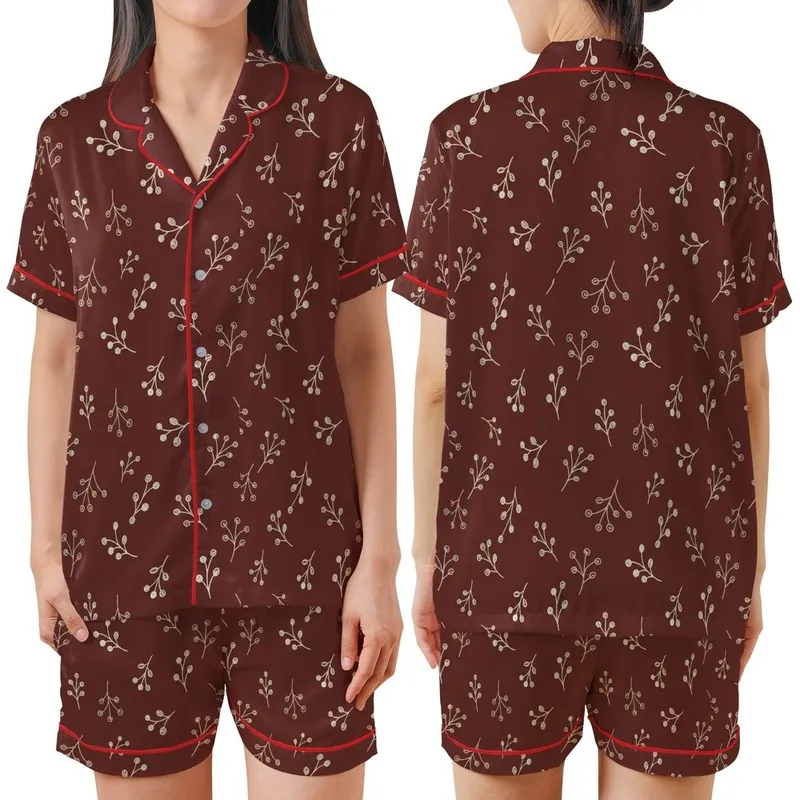 Retro Style Enthusiast's Tiny Cream Leaf & Berry Scatter on Deep Reddish-Brown Hand-Drawn Design Satin Short-Sleeve Pajamas Set - 1