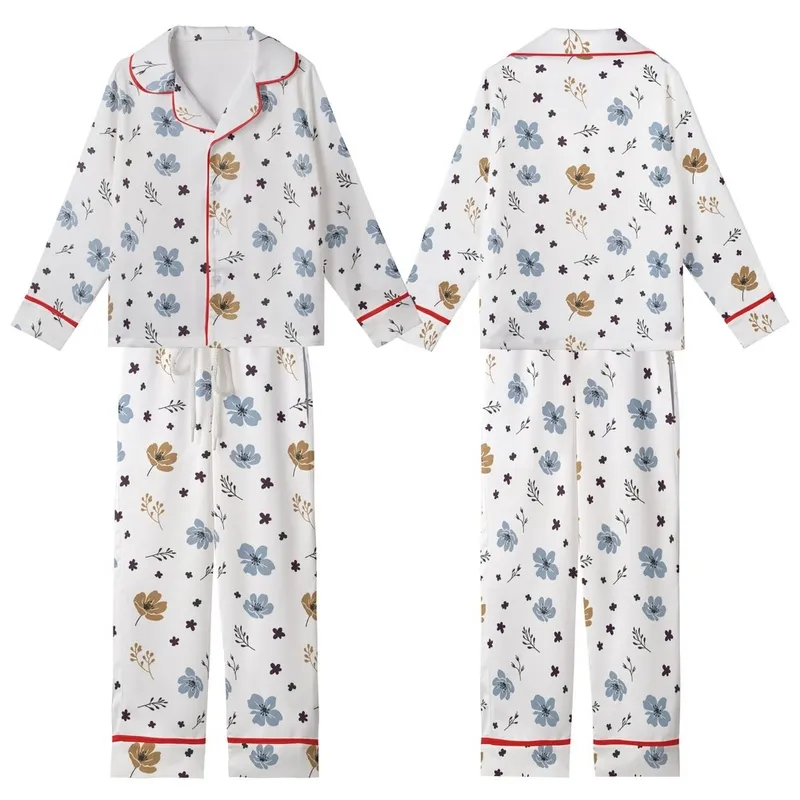 Minimalist Botanical Delicate Ash Blue Taupe Plum Sprigs Pure White Top Kid Satin Pajamas Set - nl24PL0CMA