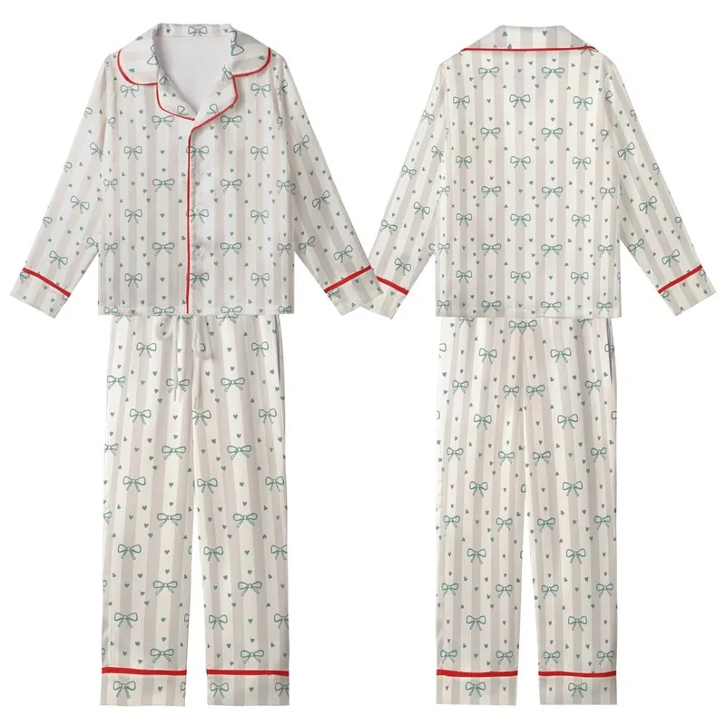 Playful Comfort Tunic: Beige & Off-White Stripes with Teal Bow & Heart Pattern Kid Satin Pajamas Set - jG--4CTnKB
