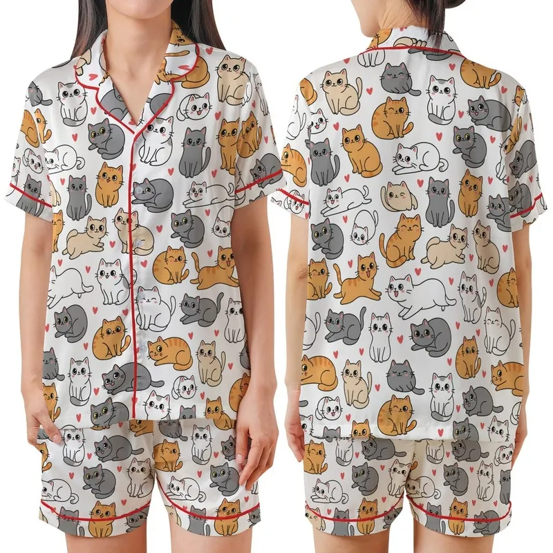 Cat Lover's Whimsical Kawaii Smiling Kittens & Red Hearts All-Over Motif Satin Short-Sleeve Pajamas Set - 9Smp3ztvpp