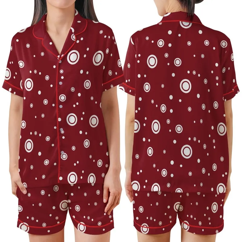 Modern Style: Deep Cranberry Red Organically Scattered Varying-Size White Circles Sweater Satin Short-Sleeve Pajamas Set - 1