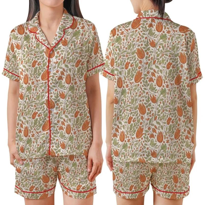 Hand-Drawn Vintage Botanical Foliage Blooms: Rusty Orange Sage Green Tulip Design Satin Short-Sleeve Pajamas Set - 1