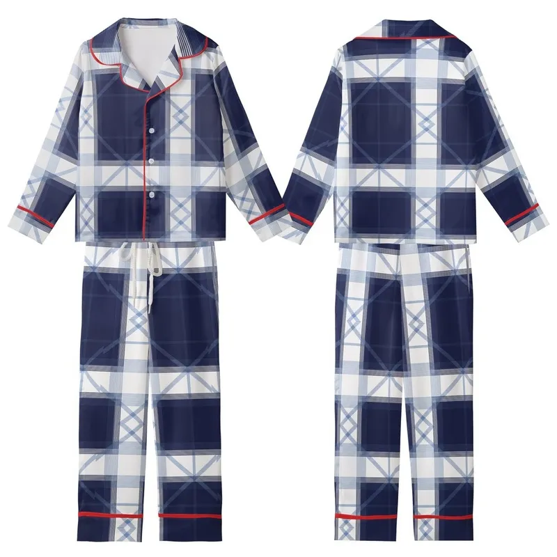 Timeless Style: Deep Navy White Light Blue Grey Geometric Tartan Plaid Wearable Textile Kid Satin Pajamas Set - 1