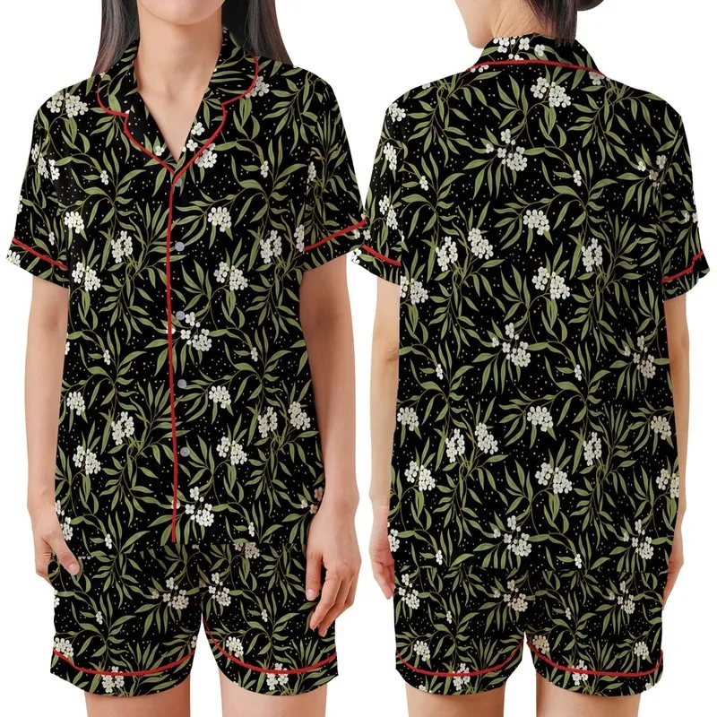 Nature Lover's Elegant Motif: Intertwined Olive Leaves & White Blossoms on Deep Black Wearable Design Satin Short-Sleeve Pajamas Set - Yig2Y8wsfz
