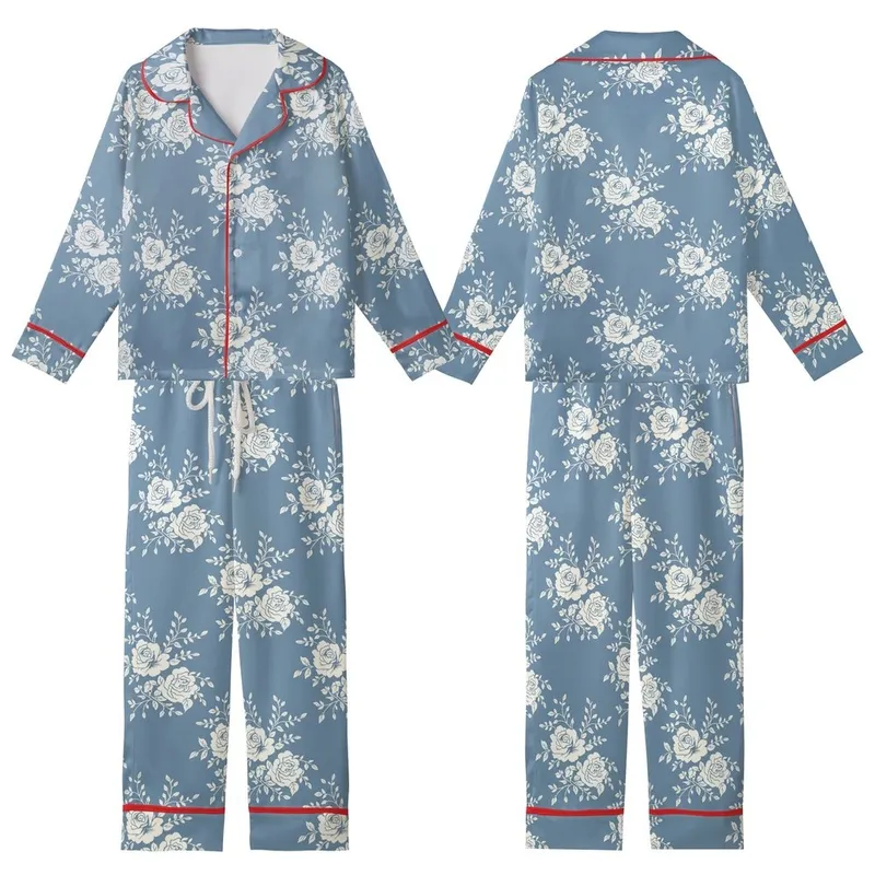 Women's Elegant Rose Bloom: Dusty Blue & White Painterly Botanical Pajama Set Kid Satin Pajamas Set - 1