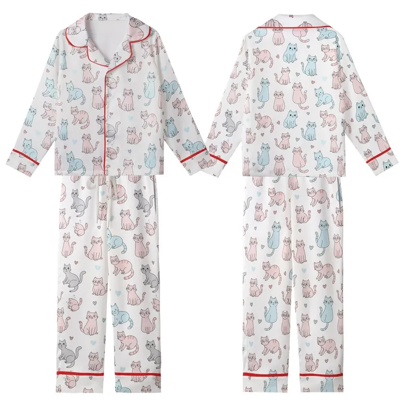 Feline Fan's Whimsical Pastel Cartoon Cats: Curious, Stretching, Sitting Figures All-Over Print Kid Satin Pajamas Set - nk_nRDNa0R