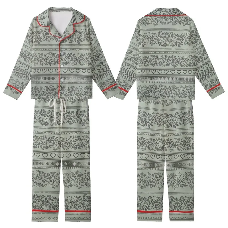 Folkloric Charm: Sage Green & Charcoal Gray Greek Key Vine Heart Bands - Textile Pattern Kid Satin Pajamas Set - zaxpX9Db9k