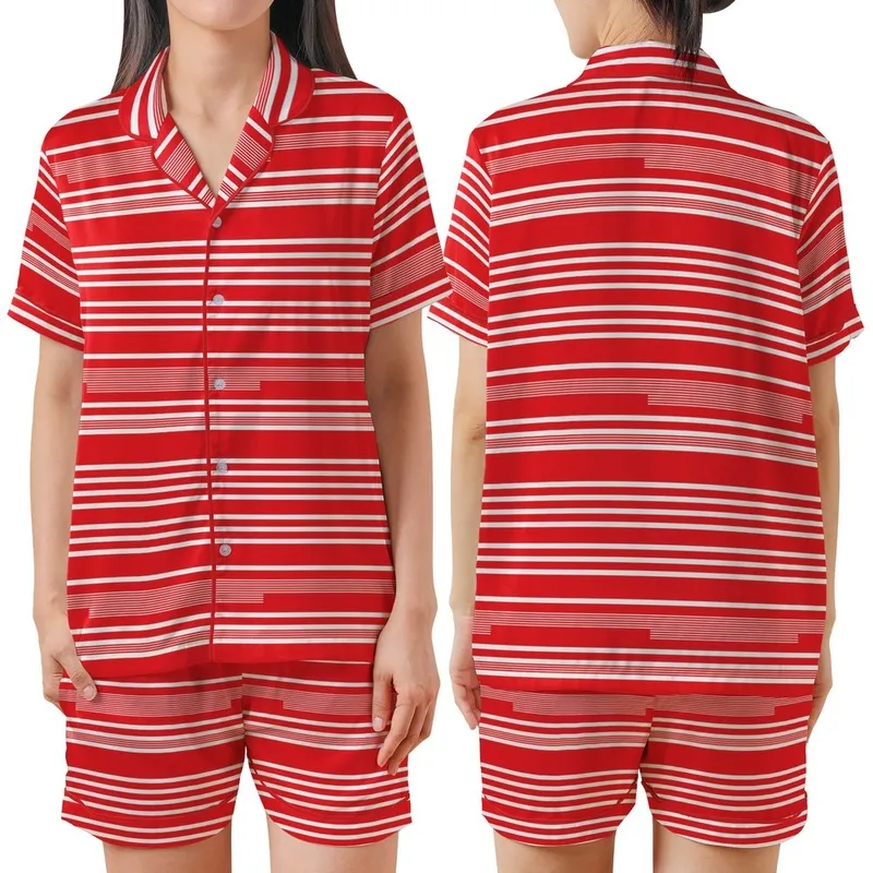 Dynamic Style: Vibrant Red & White Multi-Width Horizontal Stripes - Fashion Piece Satin Short-Sleeve Pajamas Set - SK48iuHkJr