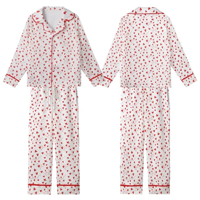 Romantic Hand-Sketched Red Hearts & Wispy Tendrils All-Over Wearable Kid Satin Pajamas Set - qO0gHuZxL3