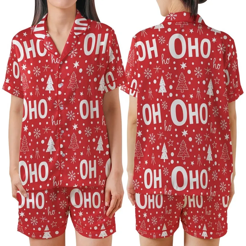 Christmas Reveler: OH HO ho Text, White Snowflakes, Trees, Stars on Bright Red Satin Short-Sleeve Pajamas Set - pjY_fjE6pd