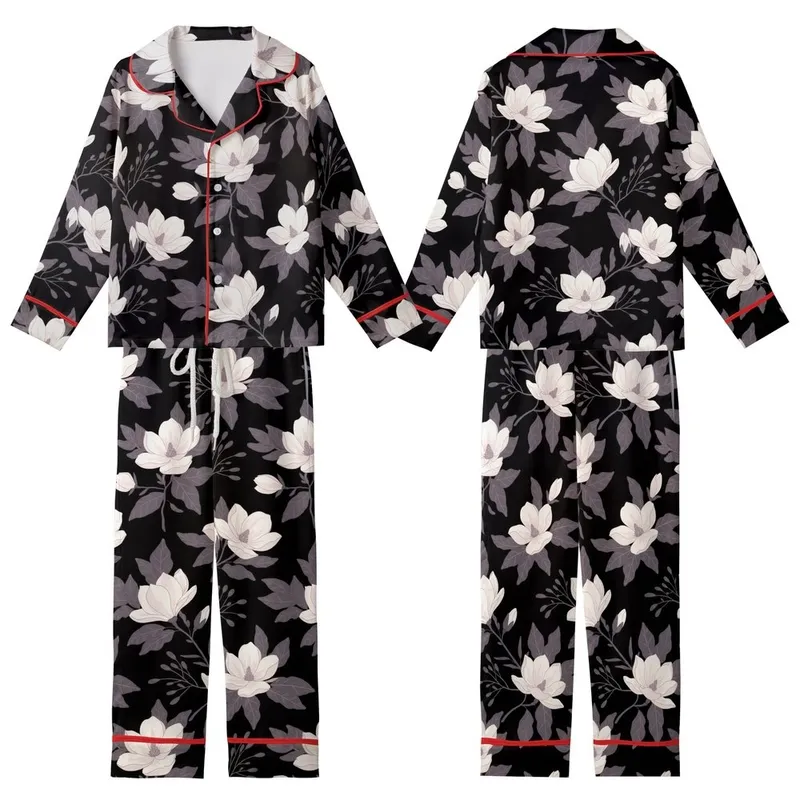 Women's Elegant Off-White Pink Magnolia Lavender Botanical Black Background Print Loungewear Item Kid Satin Pajamas Set - 1