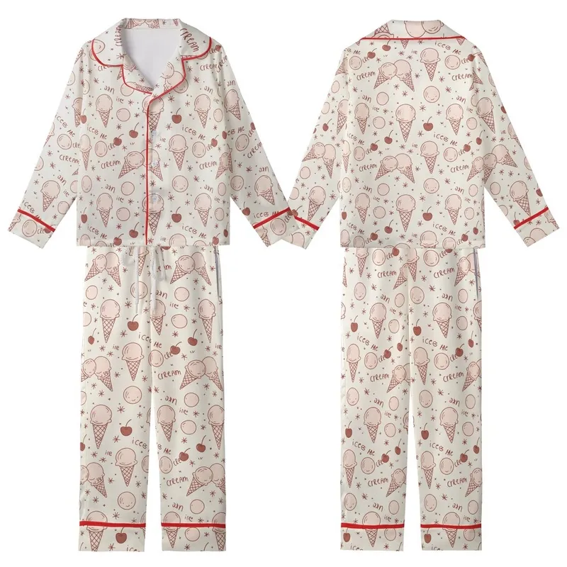 Sweet Tooth Enthusiast Whimsical Pink Ice Cream Cone Scoop Cherry Pattern Kid Satin Pajamas Set - 1