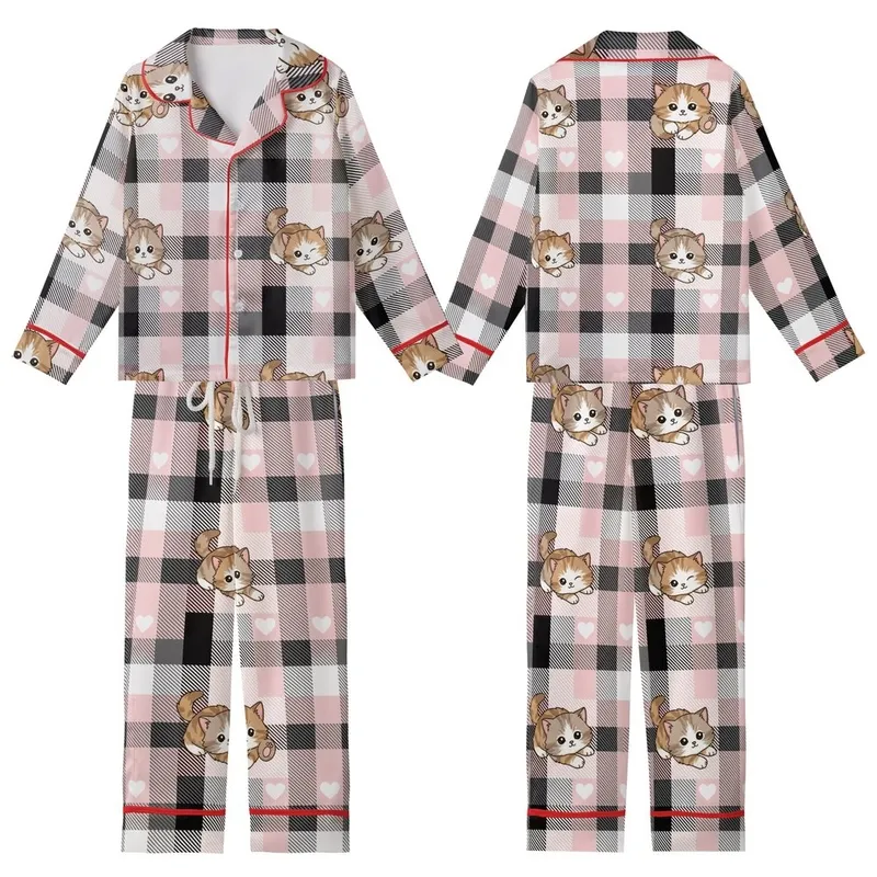 Kitten Lover's Adorable Fluffy Baby Kittens Pink Plaid Hearts: Black White Gray Hatched Design Kid Satin Pajamas Set - 1