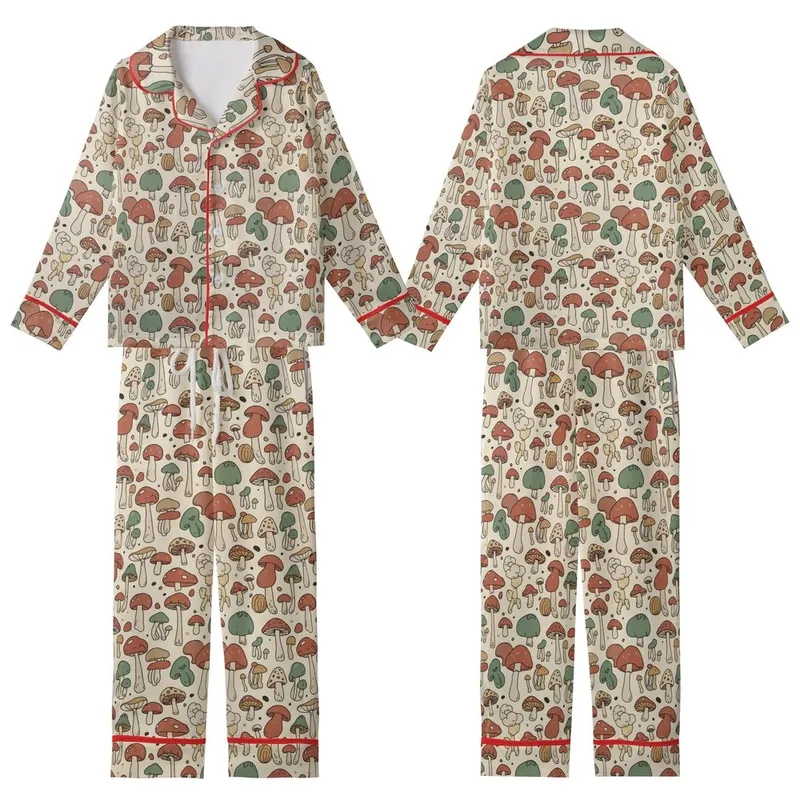 Nature Lover's Whimsical Hand-Drawn Mushroom Pattern: Earthy Terracotta & Sage Fungi Design Kid Satin Pajamas Set - 1