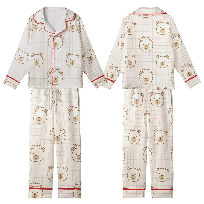 Cozy Bear Lover's Charming Hand-Drawn Brown & Pink Plaid Motif Kid Satin Pajamas Set - mKeTEjYvga