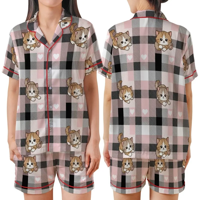 Kitten Lover's Adorable Fluffy Baby Kittens Pink Plaid Hearts: Black White Gray Hatched Design Satin Short-Sleeve Pajamas Set - 1